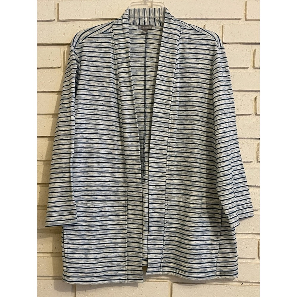 T by Talbots Cardigan Sweater Womens Sz. Lg Blue/White Open Front Knit Pockets